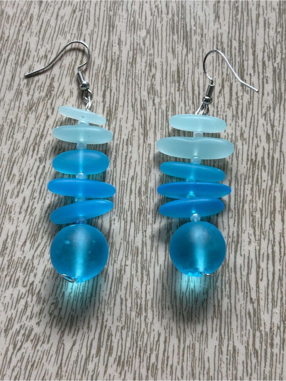 Hand Crafted Frosted Aqua & Light Blue Stacked Bead Dangle Earrings